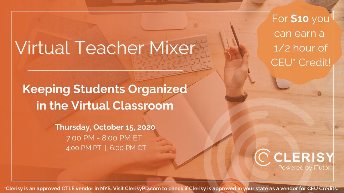 Join <a href="/clerisypd/">ClerisyPD</a> for a virtual connect where you'll mix, mingle, and meet fellow #teachers across the country!

rb.gy/tucdcm

#TeachersHelpingTeachers   #professionaldevelopment #distancelearning2020 #remotelearning #BackToSchool2020 #teachertwitter