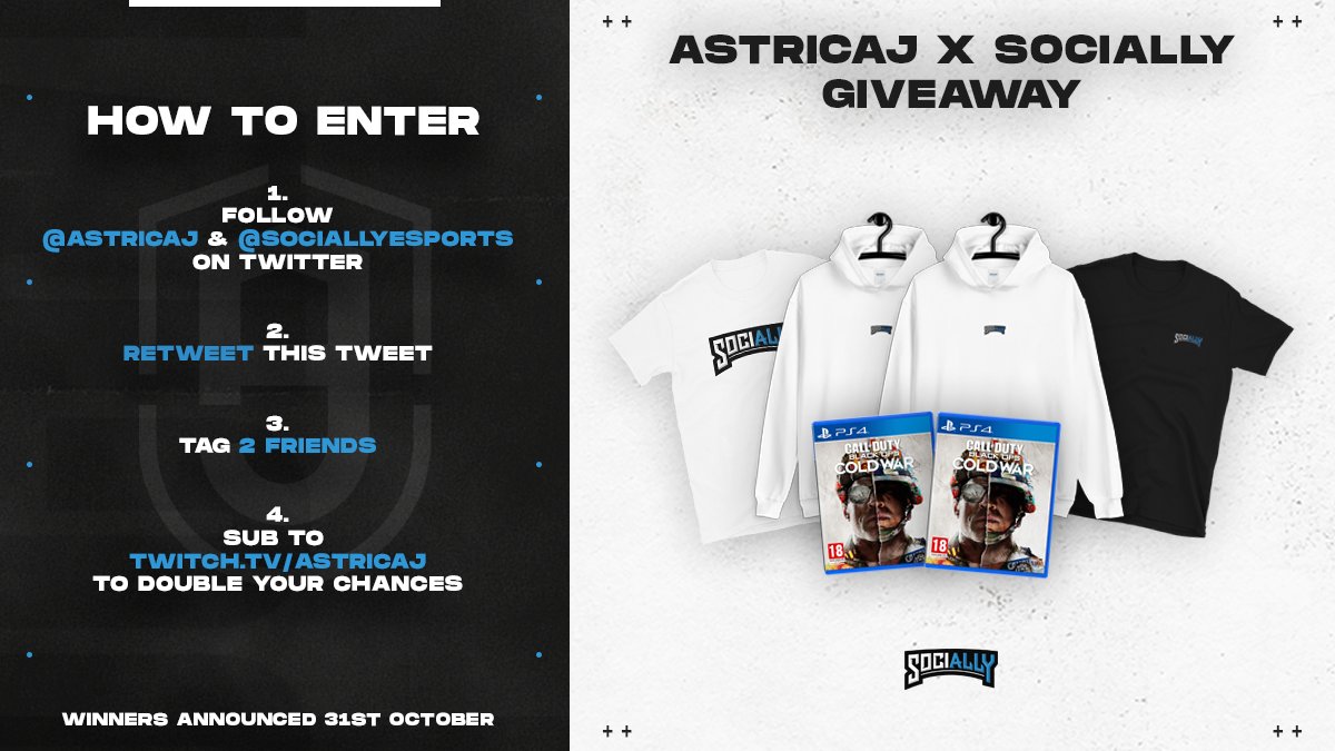 AJ x Socially Giveaway! 👇
We're giving away 2 Hoodies, 2 T-Shirts, &amp; 2 copies of Call of Duty: Cold War on ANY platform!

To Enter:
- Follow <a href="/SociallyEsports/">Socially</a> &amp; <a href="/AstricAJ/">Arron</a>
 
- ❤️&amp; 🔁
- Tag 2 friends
- For double chances, Sub to me on Twitch - twitch.tv/AstricAJ
