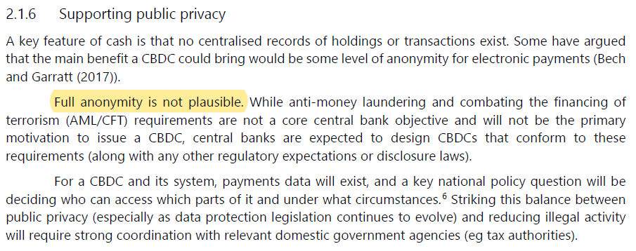 19/ I won't bother reciting all the recent gov't statements targeting financial privacy as a major risk. There are too many.The Bank for International Settlements (BIS) said it all in its report on central bank digital currencies last week:"Full anonymity is not plausible."