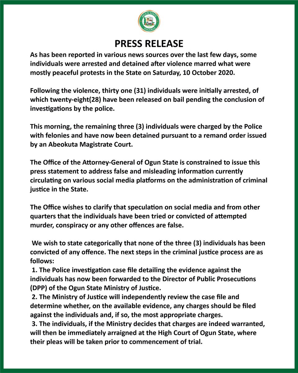 PRESS RELEASE FROM THE OFFICE OF THE ATTORNEY GENERAL OF OGUN STATE #EndSARS  #EndSarsProtests  #Abeokuta3