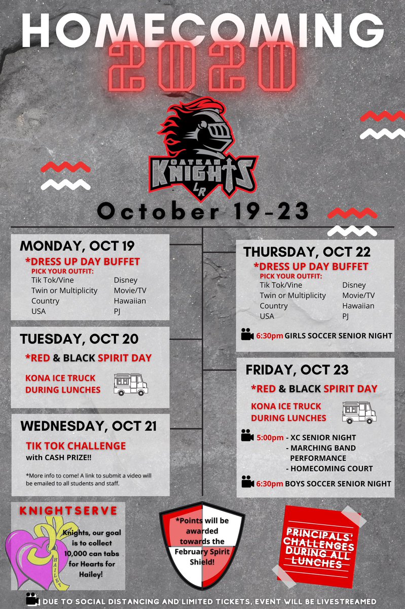 LeRoy_CSD's tweet photo. 🔴⚫️🔴⚫️🔴⚫️🔴⚫️
📣Homecoming 2️⃣0️⃣2️⃣0️⃣
 COVID Style‼️

😤Get ready Knights...1 Week Away

👊Dress Up Days
👊Principals’ Lunch Challenges
👊TikTok Challenge - 💵 Prizes
👊Kona Ice Trucks
👊KnightServe
👊Livestreaming Events⚽️🏃🥁👑

#BringItKnights
#KnightItude https://t.co/gQrrNxRHZh
