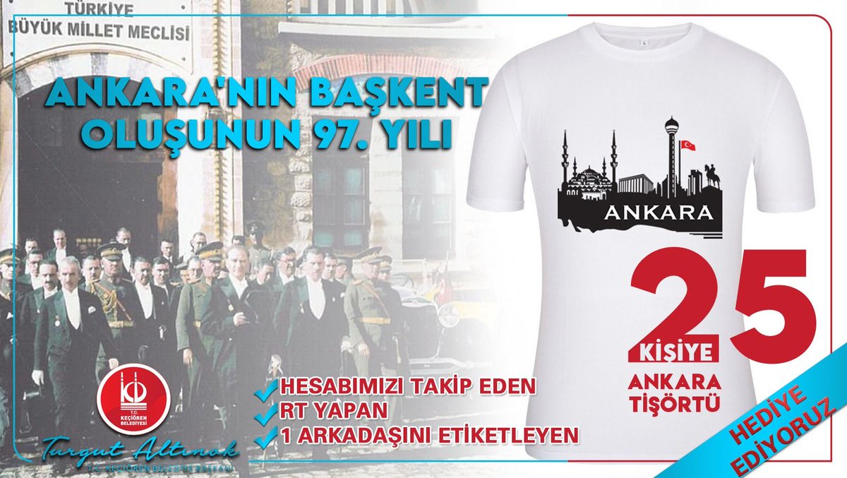 turgutaltinok06's tweet photo. Başkent'imizi kalbimizde taşıyoruz. #Ankara'nın #Başkent oluşunun yıl dönümünde;

✅Hesabımızı Takip Eden
✅RT Yapan
✅1 Arkadaşını Etiketleyen

25 Kişiye ANKARA TİŞÖRTÜ HEDİYE EDİYORUZ!

#13Ekim #AnkaranınBaşkentOluşu https://t.co/LDrEEV4urS