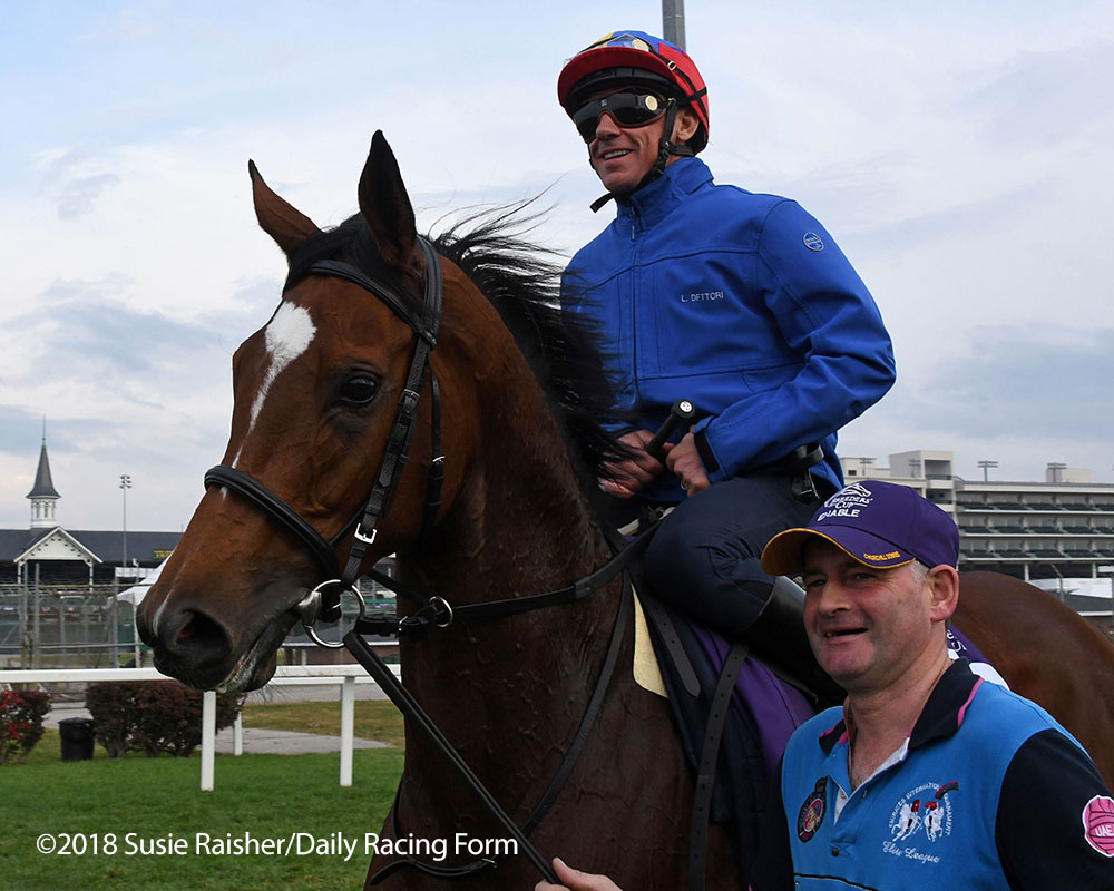 ponyace's tweet photo. Enable arrived at Churchill Downs for #BC18 a couple days before I did. My first morning seeing the then 6-time G1 winner was Oct. 31. It was also the first morning that @FrankieDettori was in town to get on her as they geared up for the Turf. https://t.co/20YqPjYvri