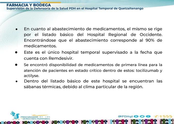 PDHgt's tweet photo. #SupervisiónPDH al #HospitalTemporal #Quetzaltenango
Hallazgos Farmacia y bodega:
- El abastecimiento de medicamentos se rige por el listado básico del @HROccidente. Encontrándose que el abastecimiento corresponde al 90% de medicamentos. https://t.co/rDQsDLsAS4