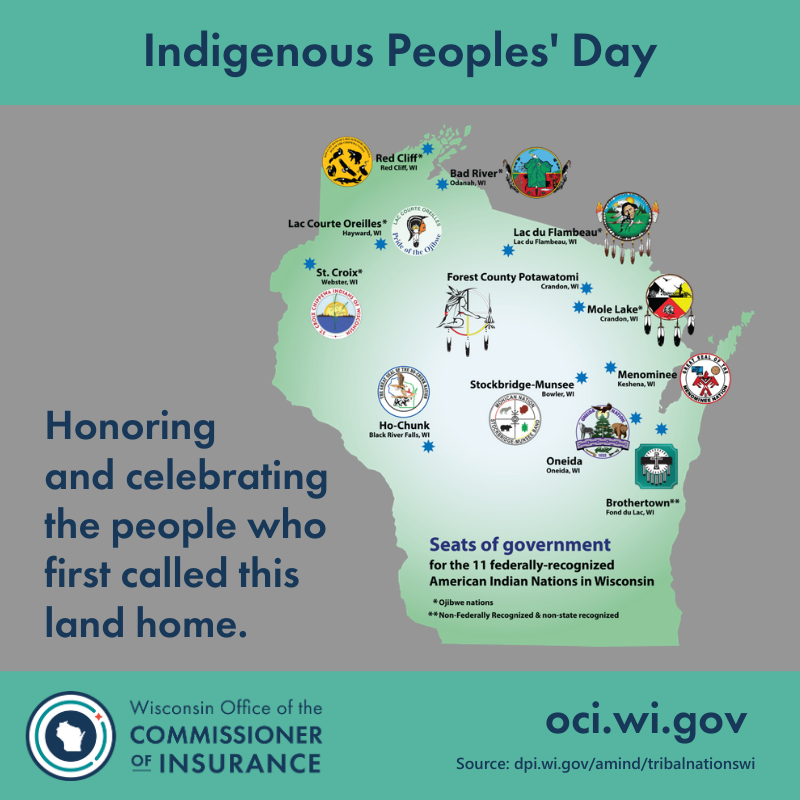wisconsinoci's tweet photo. Happy Indigenous Peoples' Day, a time to recognize and appreciate our tribal nations and Indigenous people and their contributions to our state. #WisInsurance https://t.co/9mdZ95kQUk