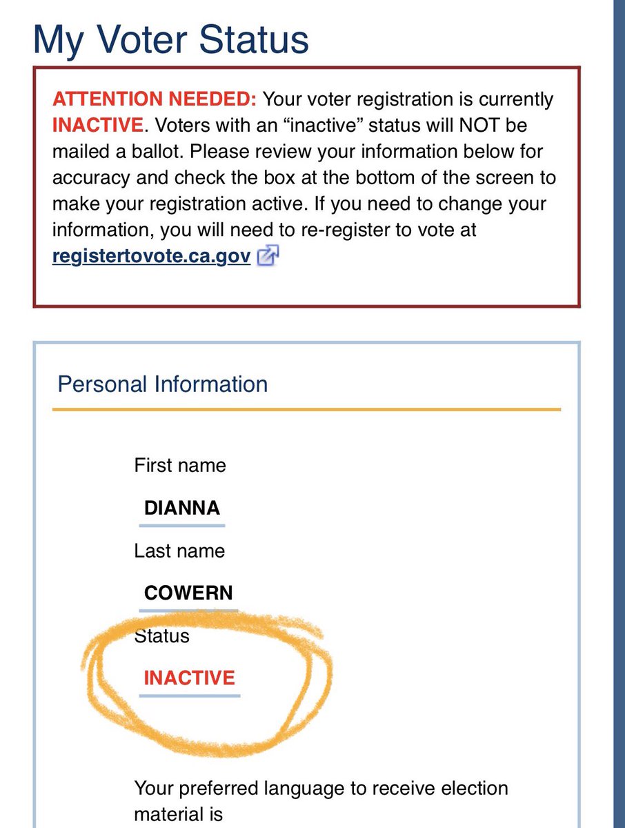 thephysicsgirl's tweet image. WTFFFFF!! I was registered to vote (I updated my registration on Aug 27). Today, I checked my mailing address and it said INACTIVE! Why??? (All I had to do was double check all the info and click save to become active).

Go triple-check your voter registration people!!!