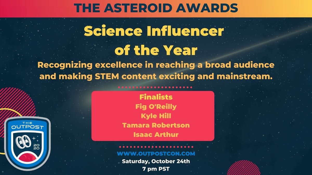 skeptoid's tweet photo. 💥🏆 Outpost 2020 Asteroid Awards finalists for SCIENCE INFLUENCER OF THE YEAR:
🔹 @figoreilly
🔹 @Sci_Phile
🔹 @tlynnr85
🔹 @Isaac_A_Arthur
#theoutpostcon #scienceinfluencer
Tune in LIVE on October 24th - 7pm PST to find out who takes home the Asteroid
https://t.co/mPLxIg4gZN https://t.co/gc0VXaDAVc