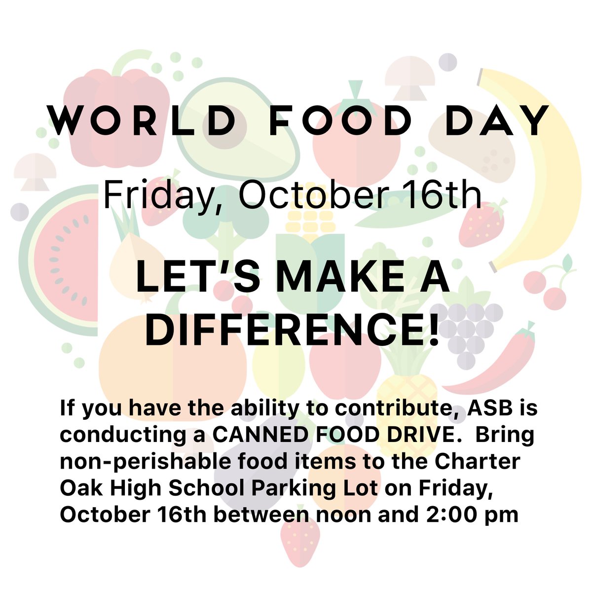 Canned Food Drive this Friday, October 16th from noon to 2:00 pm.  COHS Parking Lot. 💙💛