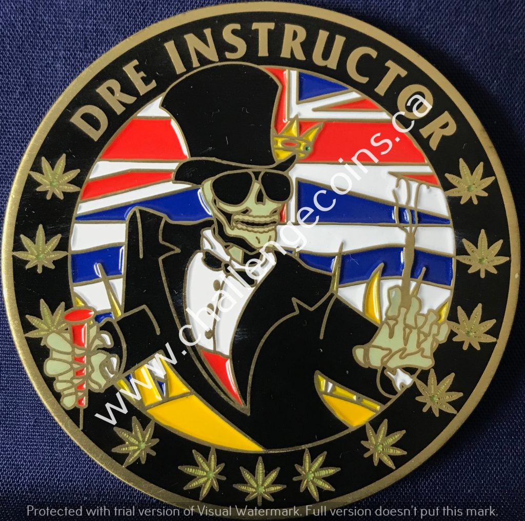 12/ Holy this one is insane. A tuxedoed skeleton holding a syringe while passing you a joint is the BC "Drug Recognition Expert" Instructor coin.This is how cop "drug experts" see drugs and drug users.As the watermark shows, I'm finding these coins at  http://ChallengeCoins.ca 