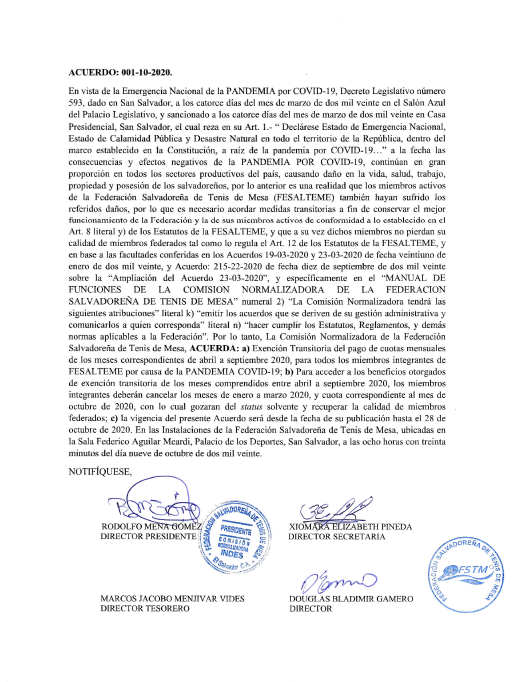 FesaltemeO's tweet photo. Últimos Acuerdos emitidos por la comisión Normalizadora de la Federación Salvadoreña de Tenis de Mesa (FESALTEME) 
Fecha de publicación: 12 de octubre de 2020.
Acuerdo 001-2020- Sobre exención  transitoria  del  pago de cuotas mensuales de abril a septiembre 2020 https://t.co/ZReWziKrX3