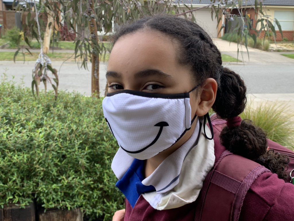 Woke up this morning and showed Ms10 all the Twitter love. Ms10: Wow, someone from Harvard, another from London & Sydney too. Me: You can tell your friends about the praiseMs10: Nah, not gonna flex. I’ll just wear my smiley face mask today.Another mask from  @Bundarra_Brand