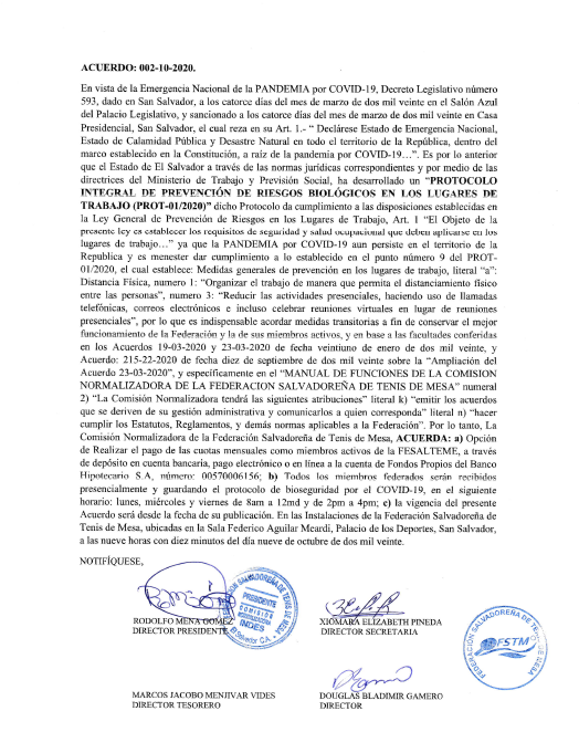 FesaltemeO's tweet photo. Últimos Acuerdos emitidos por la Comisión Normalizadora de la Federación Salvadoreña de Tenis de Mesa (FESALTEME) 
Fecha de publicación: 12 de octubre de 2020.
Acuerdo 002-10-2020- Opción de deposito bancario ,pago electrónico o en línea de cuota de membresía. https://t.co/Fv8gz91FSq