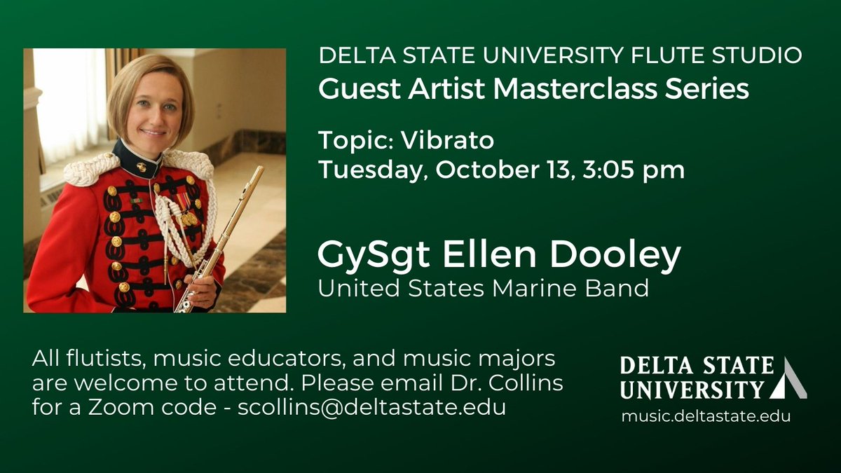 shelleycollins's tweet photo. Happening on TUESDAY, October 13, 3:05pm CST in the @DeltaState #Flute Studio: A vibrato class with Ellen Dooley from the US @marineband! Email Dr. Collins for a Zoom code: scollins@deltastate.edu @DeltaStateMusic https://t.co/Zf7Lr4I332