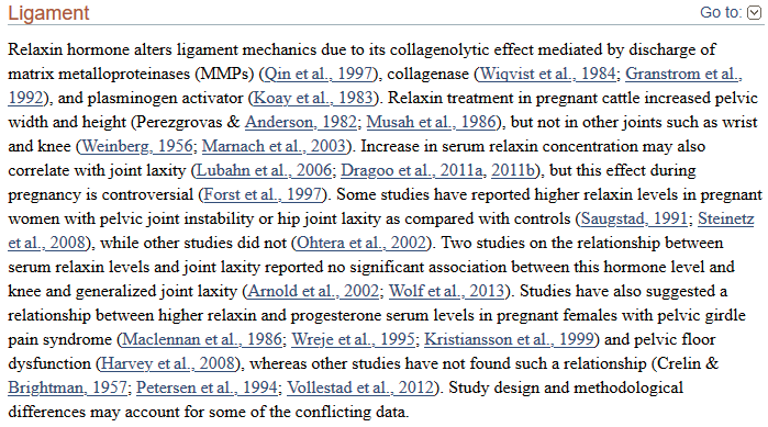 The article is a survey of existing research on relaxin. Re: ligaments, there seems to be some evidence that higher levels of relaxin in SOME "female" athletes MIGHT lead to higher rates of ACL injuries.