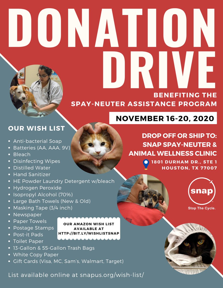 SNAPus's tweet photo. As you prepare for the holiday season, be sure to keep SNAP in mind! During the week of November 16-20, we’ll be collecting in-kind donations for our clinics. Check out our wish list and details below! 🐱❤️🐶 #sharethelove #supportSNAP https://t.co/7MgSfKn1wN