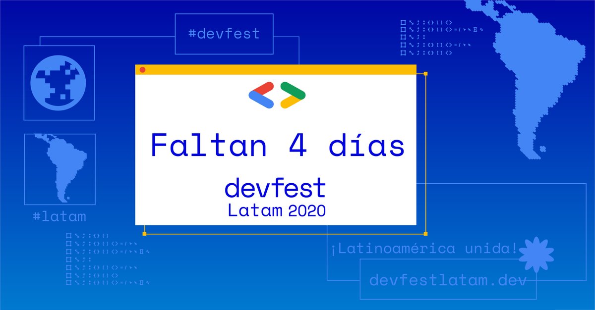 GDGChetumal's tweet photo. ¡Faltan 4 días! 
Regístrate:  https://t.co/44IzdNnBE2
#DevFestLatam2020 https://t.co/y1Db0hRqfA