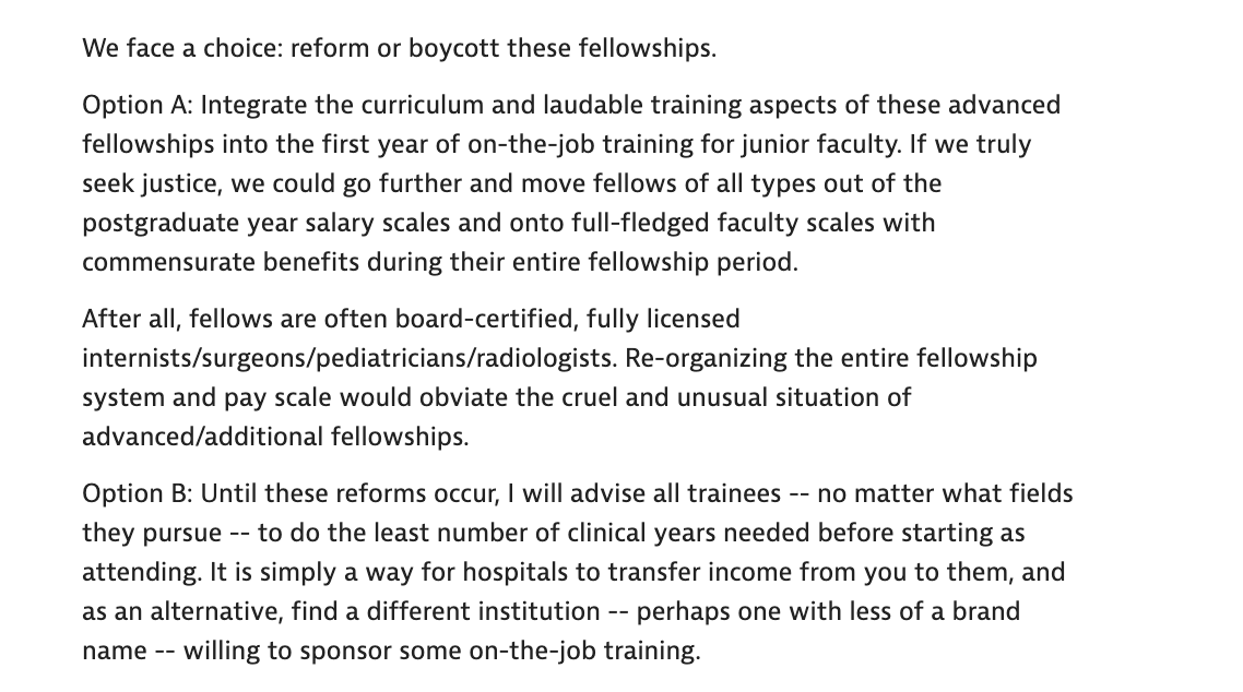 The solution is for reform or boycottPay people fairly or let's skip these yearsWe can even pay heme onc fellows fairly... they are after all lucrative for hospitals