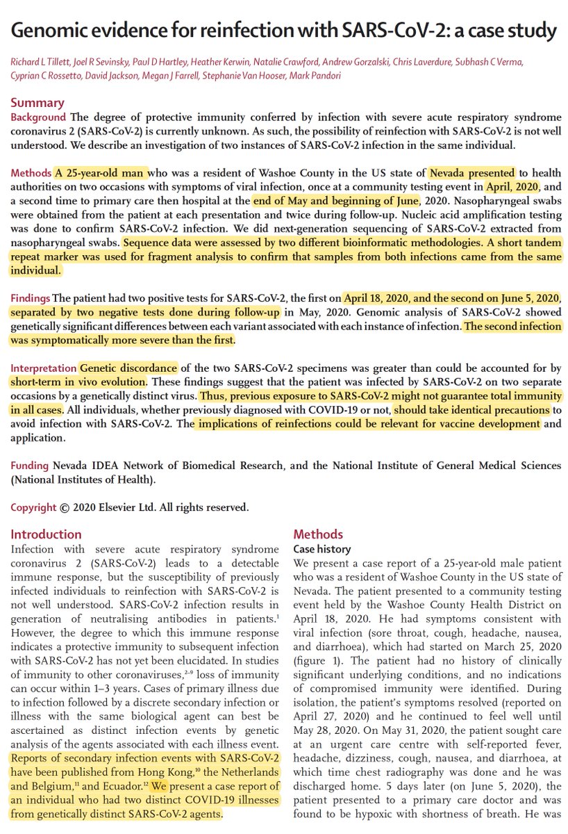 Covid reinfection in a 25 year-old man in Nevada, as confirmed by virus genomic sequencing; 2nd infection more severe  @TheLancetInfDis  https://www.thelancet.com/journals/laninf/article/PIIS1473-3099(20)30764-7/fulltext