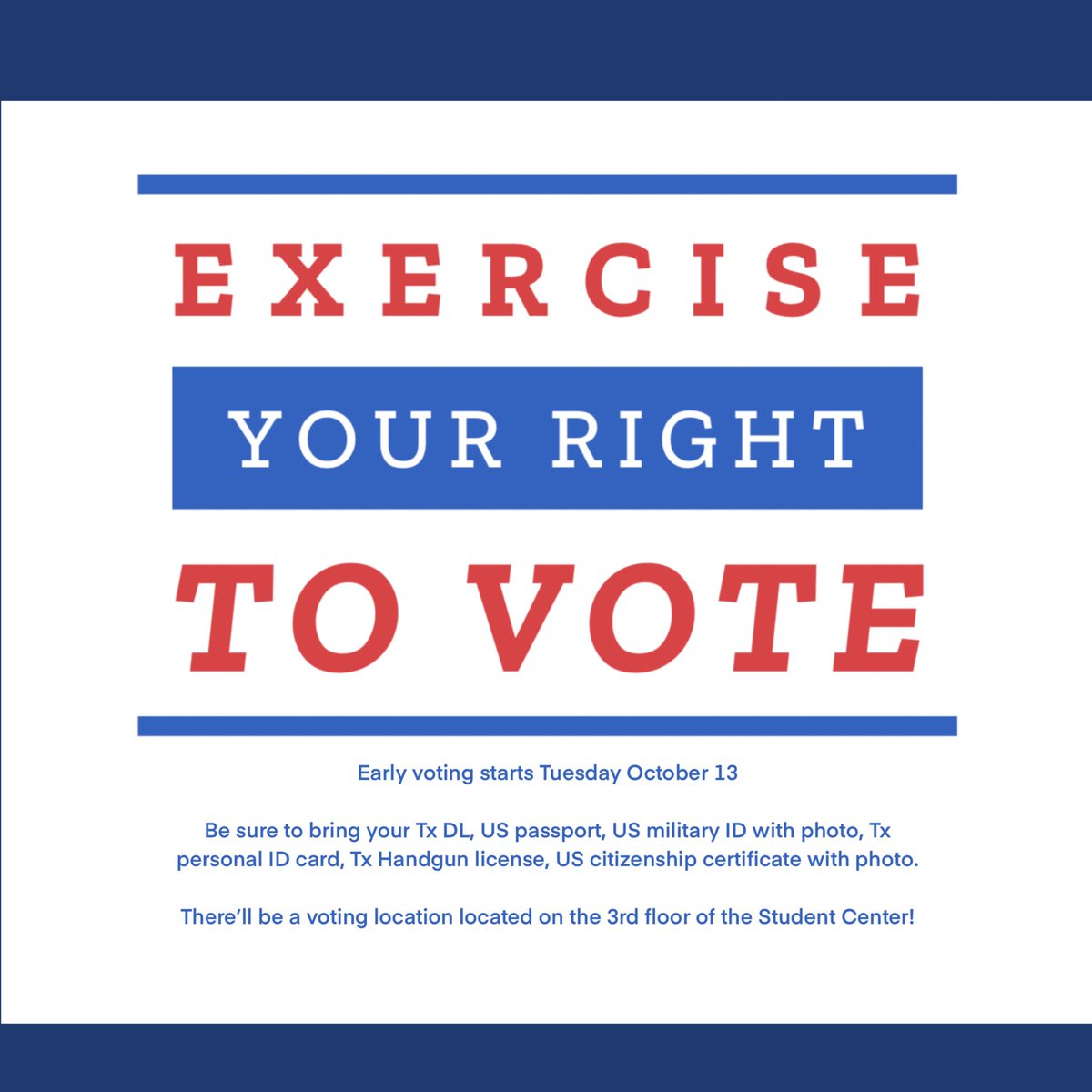 latinxsfa's tweet photo. Early voting in Texas starts tomorrow Tuesday, Oct 13! 
Be sure to come out to the 3rd floor of a student center to to Vite if you’re registered to vote in Nacogdoches. 

Don’t forget to bring a valid form of ID and your mask! ⭐️ https://t.co/XdCl1LpOXM