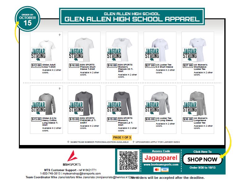 Attentions Jags!! Get some new SWAG!!
Link: bsnteamsports.com/shop/Jagapparel
Access Code: Jagapparel
Ships to home! 
<a href="/GAHS_Official/">Glen Allen HS</a> <a href="/GAHSBasketball/">Glen Allen Boys Basketball</a> @glenallenfb <a href="/gahsxctf/">Glen Allen XC/TF</a> <a href="/GAHS_Basketball/">Glen Allen Girls Basketball</a> <a href="/GAHSBasketball/">Glen Allen Boys Basketball</a> <a href="/GAHSFieldHockey/">GAHS Field Hockey</a> <a href="/GASoftball_/">GAHS Varsity Softball</a> @Coach_Lytle <a href="/BSNSPORTS_VA/">BSN SPORTS Virginia</a>