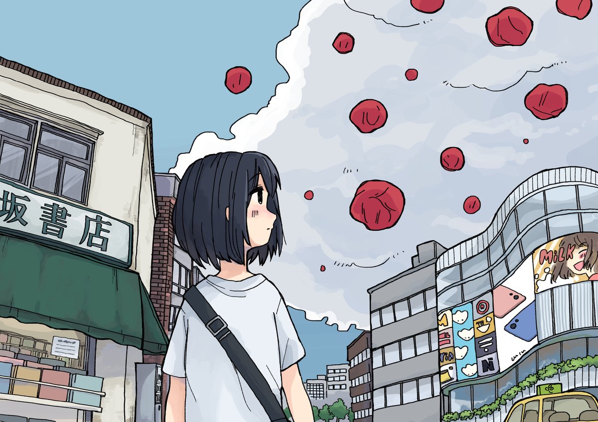1girl shirt solo black hair building cloud sky  illustration images