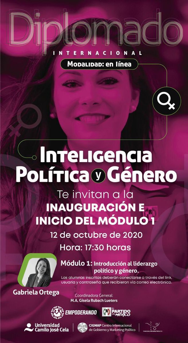 adrianaguillenh's tweet image. Estoy iniciando el “Diplomado en Inteligencia Política y Género” organizado por @OmpriNacional e impartido por el Centro Internacional de Gobierno y Marketing Político de la @universidadcjc (España).

Para el @PRI_Nacional PRImero las #Mujeres. 

#EmpoderANDO 
@ruthpensa