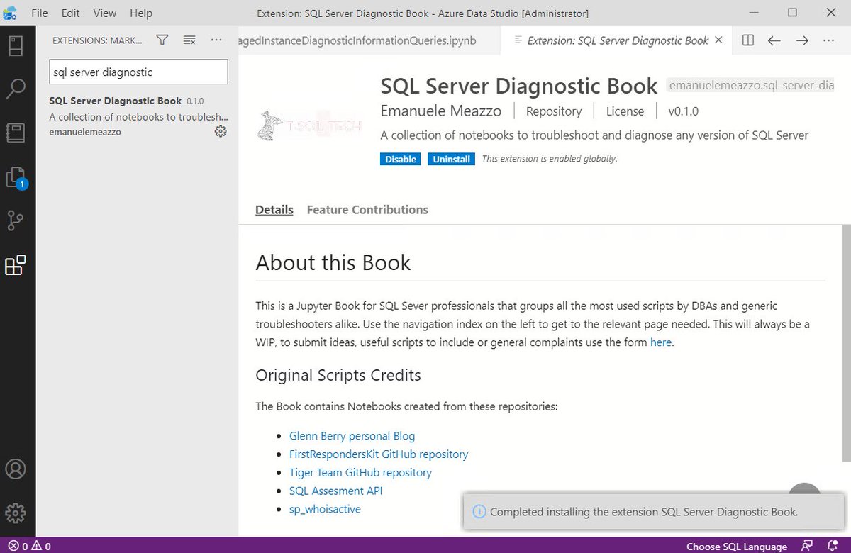 MsSQLGirl's tweet image. Psst.. did you know that there is SQL Server Diagnostic Book extension to @AzureDataStudio? This extension will load a Jupyter Book consisting of a number of useful SQL #Notebooks for #sqlfamily 😎 (Thank you Emanuele Meazzo)