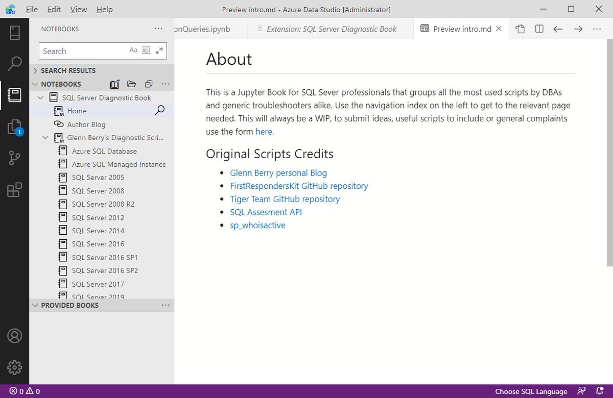 MsSQLGirl's tweet image. Psst.. did you know that there is SQL Server Diagnostic Book extension to @AzureDataStudio? This extension will load a Jupyter Book consisting of a number of useful SQL #Notebooks for #sqlfamily 😎 (Thank you Emanuele Meazzo)