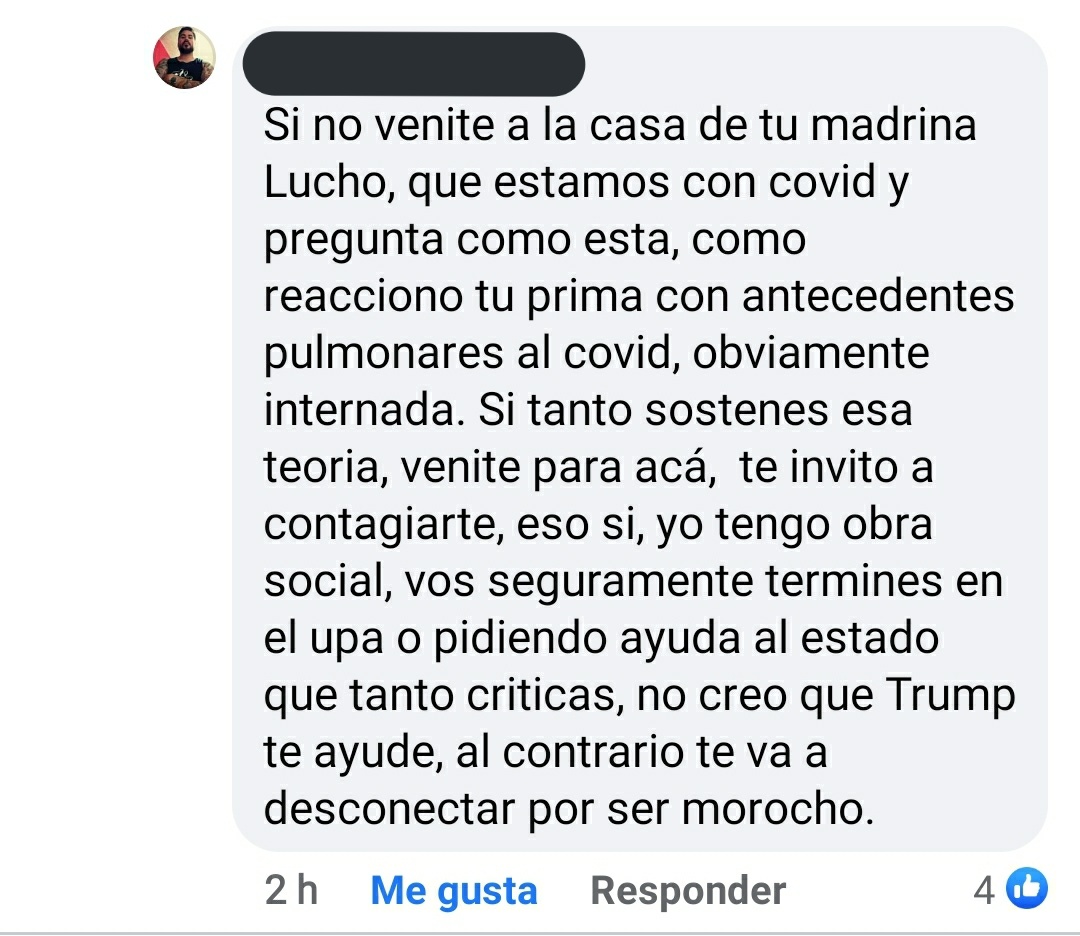 lalisiad44's tweet photo. Un ex compañero mío del secundario subió esto a Fac3book y miren lo que le contesto un familiar suyo. En fin: SALGAN DE LA NUBE DE PEDOS https://t.co/2lx6otEwh8