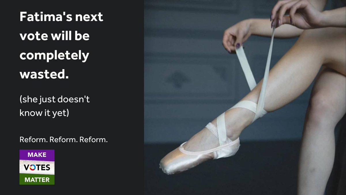 Fatima lives in a safe seat. Her vote will make no difference to the result of the next general election, so politicians can get away with ignoring her.
 
Fatima needs her vote to count the same as everyone else's.

Fatima needs Proportional Representation. #ChangeTheVotingSystem