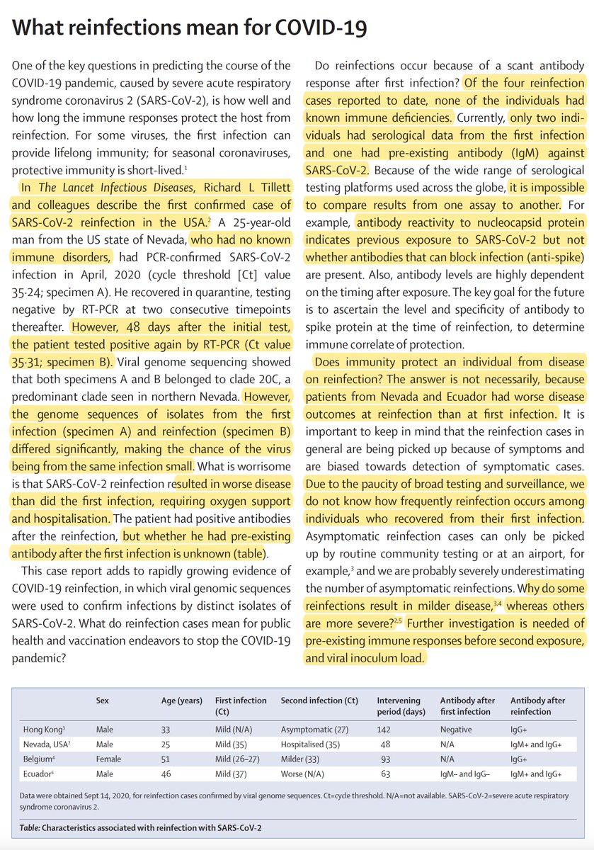 This★ insightful commentary by  @VirusesImmunity on the new reinfection case and the other 3 previously published pulls it all together, along with the known unknowns (a lot of those) https://www.thelancet.com/journals/laninf/article/PIIS1473-3099(20)30783-0/fulltext  @TheLancetInfDis