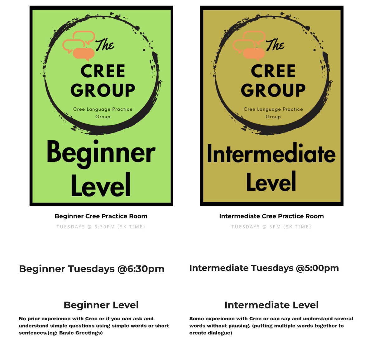 The Cree Group speaking practice starts tomorrow. wāpahki! āstamik register for FREE at nehiyawak.org/the-cree-group/ offering two levels, start date: Tues Oct 13