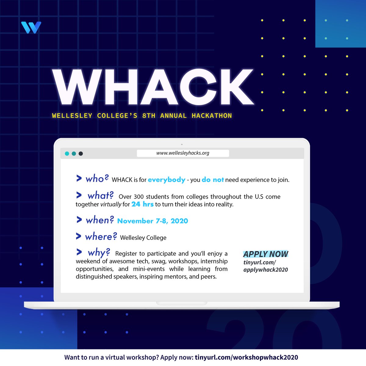 wellesleyhack's tweet image. WHACK is BACK! 

Get ready for Wellesley&apos;s 8th annual hackathon, WHACK, happening November 7-8, 2020!

More info in the spam below! 

Apply here: forms.gle/wektP4x9hP1wB2…