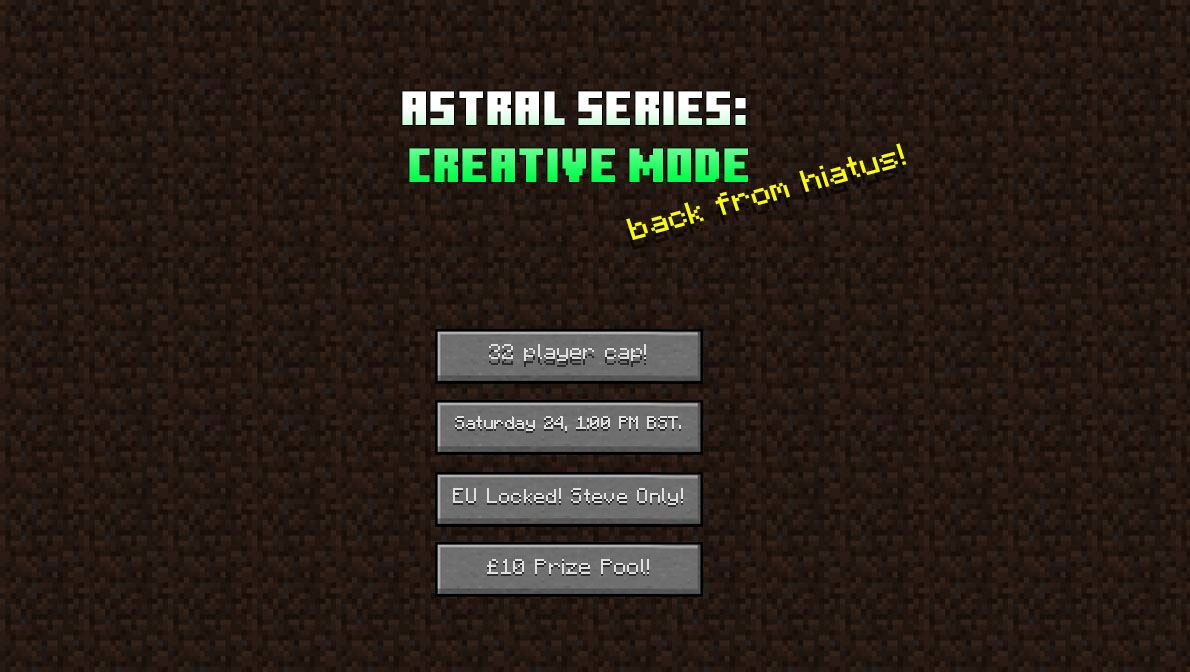 _saintGaia's tweet photo. ASTRAL SERIES: CREATIVE MODE
EU LOCKED, STEVE ONLY
£10 PRIZE POOL
24/10/2020:
https://t.co/NbEPEw0P1m https://t.co/RSNPbAzGM4