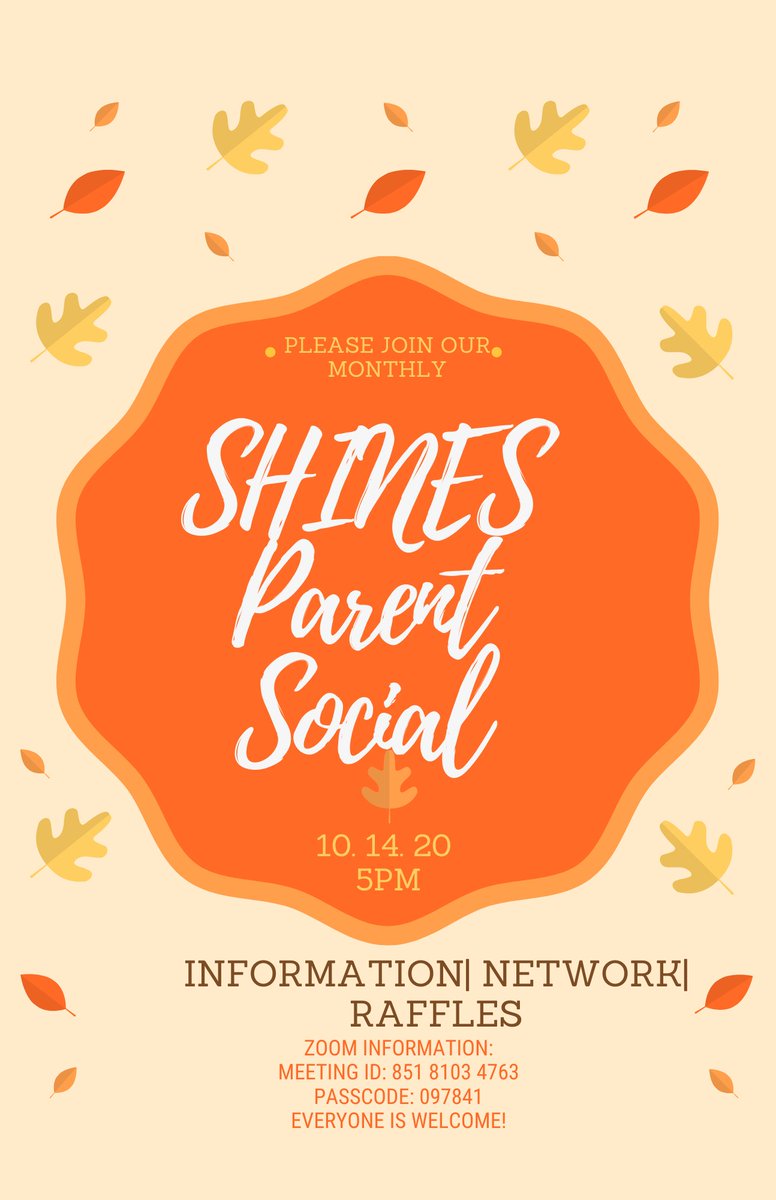 millsinter's tweet image. Mills Hawks parents, join us for our Shines Parent Social at 5pm this Wed., Oct. 14th on Zoom.  See information on the flyer. #fldusd #millsinter #supfreitas