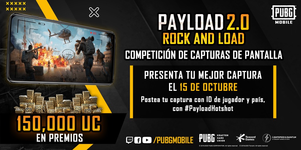 150,000 UC están en juego para la mejor Captura del Payload 2.0! Postea la mejor captura  en solo o equipo, en Payload 2.0 con tu Perfil ID, País y #PayloadHotshot el 15 Oct! Ganadores anunciados en VIVO en los canales <a href="/PUBGMOBILE/">PUBG MOBILE</a> el 19 Oct.
Reglas bit.ly/Payload2 #ad
