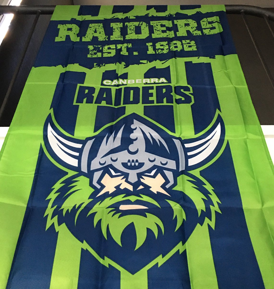 TheGHRaiders's tweet photo. #GetYourFlagsOut Time to put the flags out #Canberra #Raiders fans! Show us your pics with your flags, use the #GetYourFlagsOut hashtag, and weโll share them! Got this bad boy delivered today! #NRL #WeAreRaiders #wearecbr #rugbyleague #NRLFinals #NRLStormRaiders https://t.co/0nRLQ5X4VM