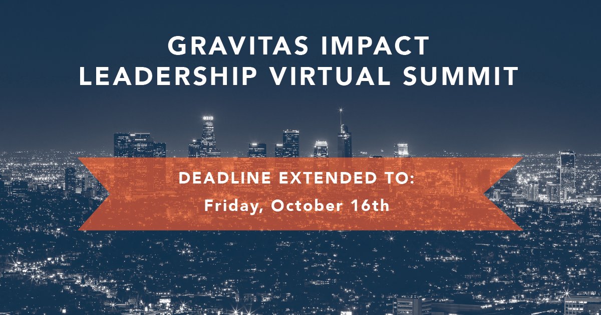 The deadline to sign-up for the Gravitas Impact Leadership Virtual Summit has been extended to this Friday, October 16th! The summit will focus on Optimizing The COVID-19 Experience for your Customers, Employees &amp; Leadership Team. Learn more &amp; sign-up at: hubs.la/H0xRslt0