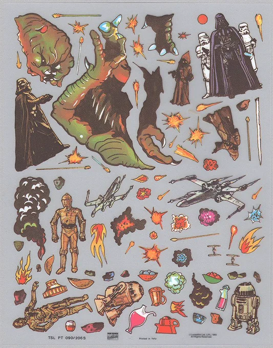 Some vintage RETURN OF THE JEDI merch. (Action transfers, 3D stickers, pillow cases.) I always love the art of such items-it has a pop art quality to it. 