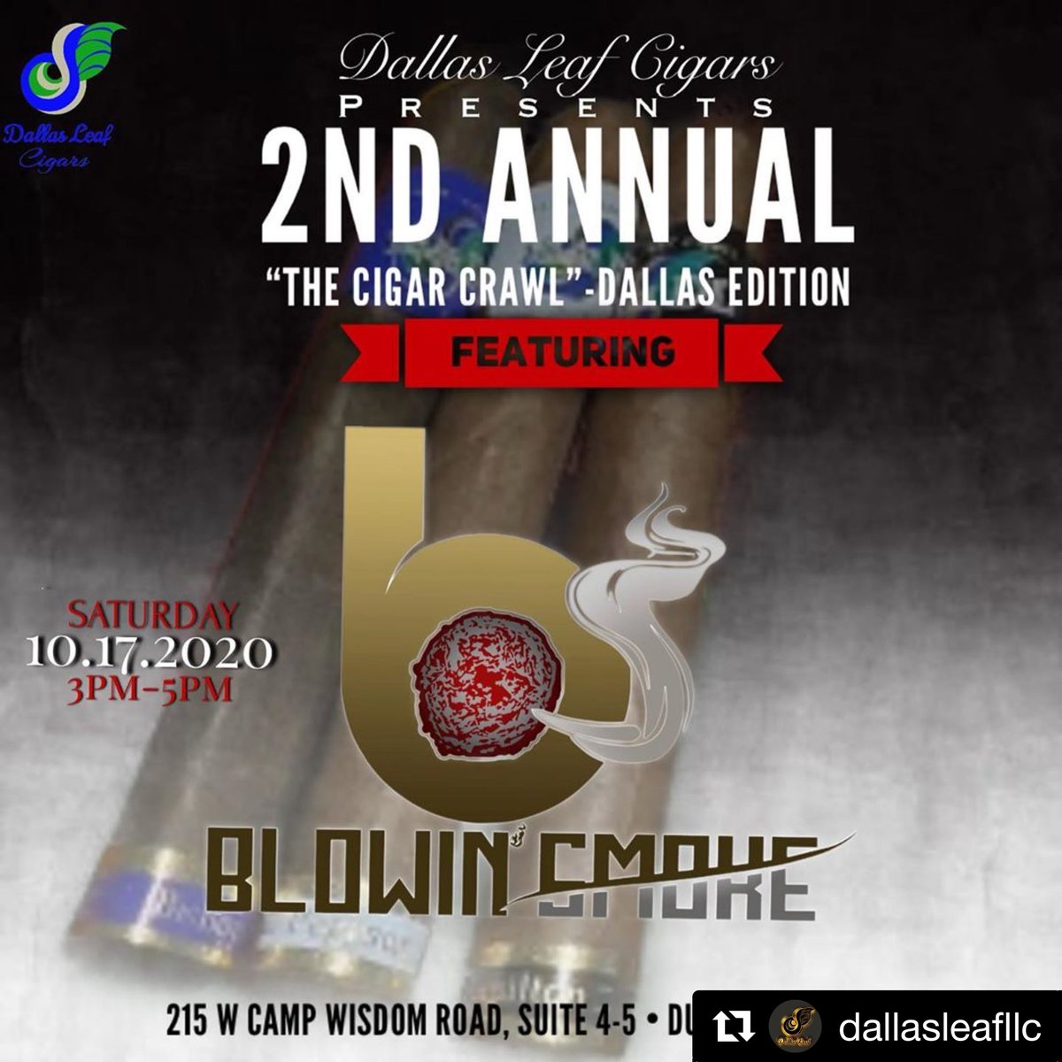 BlowinSmokeCigr's tweet photo. Catch @LeafDallas as they make their tour around the DFDub...stopping through on Saturday 3-5p. 💨⬆️

blowinsmokecigarlounge #blowinsmoke #cigarculture #cigaraficionado #cigarlyfe #stogie #botl #sotl #pssita #cigarporn #cigarart #cigarsnob #cigars #dfwcigaralliance #dallasleafllc https://t.co/gf8uAgajlB