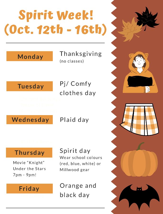 CouncilMillwood's tweet photo. Hey Millwood High, Tuesday starts our very first spirit week of the school year! Make sure to show your school spirit by participating! Don’t forget to buy your tickets to the Movie “Knight”. Ticket sales will continue throughout the week! https://t.co/t8oGZe6ilK