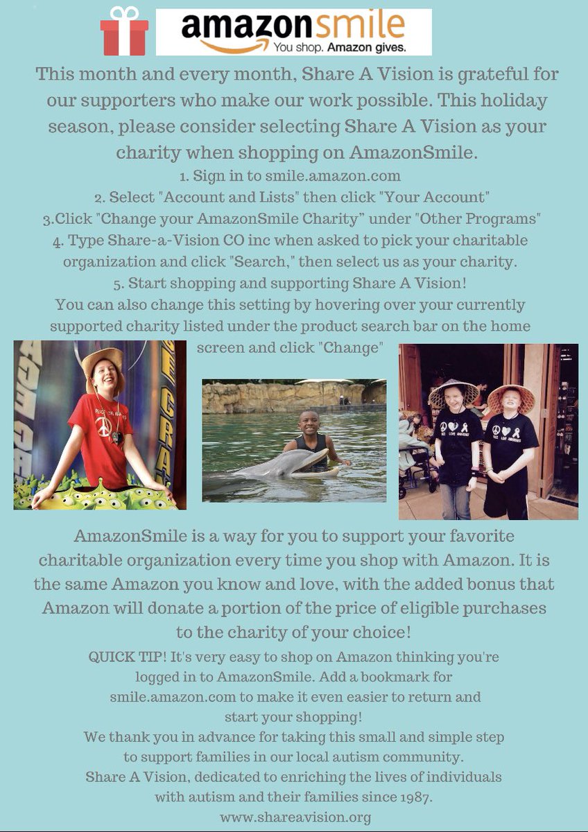 Did you know that Share A Vision can benefit from your Amazon shopping? If you are planning on shopping on Amazon Prime Days (10/13 &amp; 10/14) click the link &amp; follow the instructions below &amp; Amazon will donate a portion of your purchase to SAV! smile.amazon.com @amazonsmile