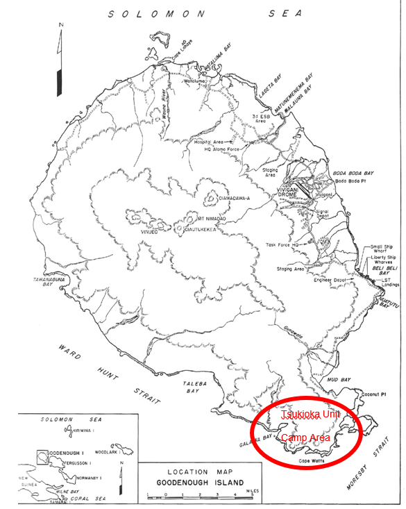 Goodenough Island (GI) is oval shaped, measuring 34 km long, 21 km across. The coastal belt is a few km wide. It’s very rugged, w/grasslands, many streams & coastal swamps.1942: No roads. No airstrip. No towns. Few people.It rises steeply, w/several mts, esp. Mt Vineuo 2,536 m.