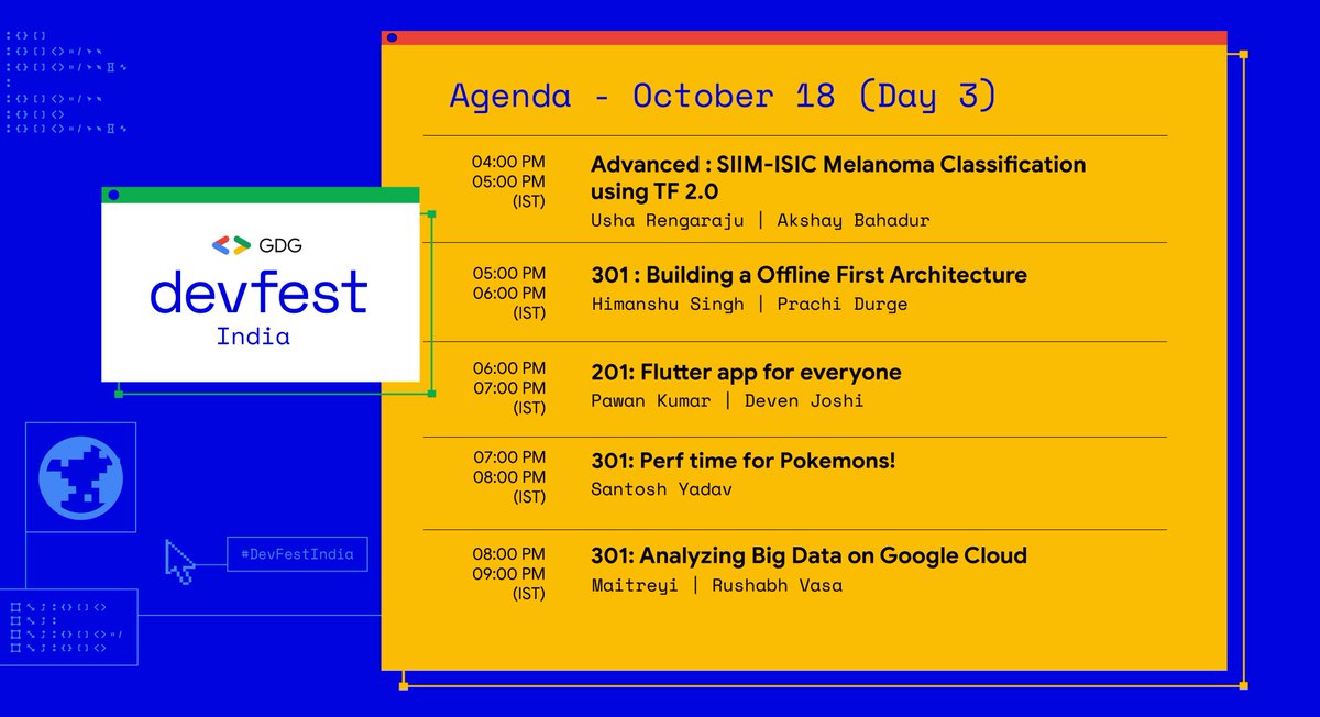 GoogleDevsIN's tweet image. ⌛️The countdown begins!
3⃣ days to go for @DevfestIndia

Follow code demonstrations by our expert speakers on the 5 tracks:
➡️#Mobile 
➡️#Web 
➡️Google #Cloud 
➡️#Flutter 
➡️#MachineLearning 

#DevFestIndia
Register here👉devfestindia.com
Check out the schedule below ⬇️