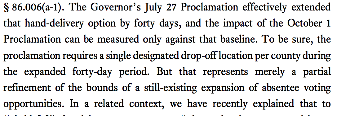 It is just so disingenuous for the court to argue that the Texas Gov's Oct 1 order, which explicitly forbid counties to use more than one drop box after several counties announced they would do so, actually "expands" the right to vote.