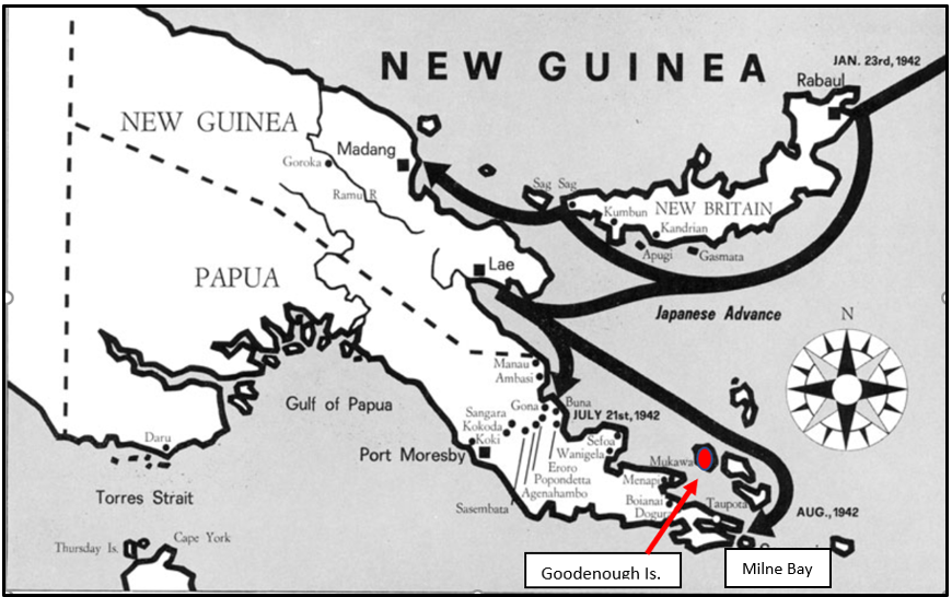 Thread 1/19THE LOST UNIT: To support the Japanese Naval landings  #MilneBay in August 1942, the Tsukioka Unit (353 men of the 5th Sasebo Special Naval Landing Force, plus others) were ordered east from Buna, packed onto 7 barges. The voyage was perilous, many men seasick.