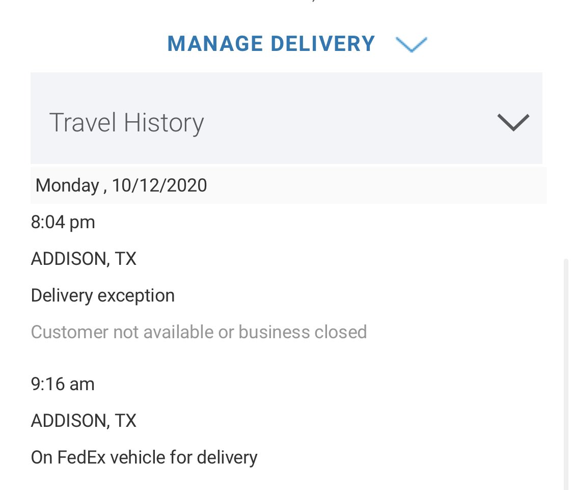 _luroden's tweet photo. @FedEx you should teach your drivers to not lie. No delivery was attempted and I’ve been by my front door all day. https://t.co/moR4Eu9OkM