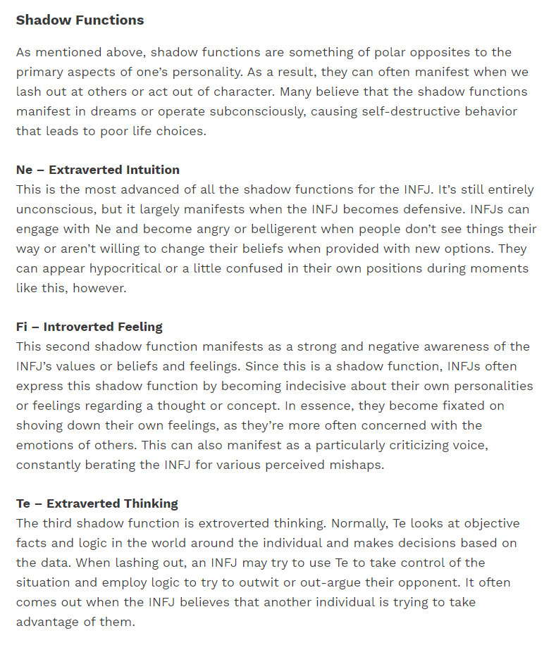 Ac ではmbtiにおけるシャドウタイプの割り出し方はと思って海外サイトを調べる なるほど 暴走した時に出てくるのね そんでもって4文字の数字を反転させるんじゃなくて第一 第三までの心理機能と劣等機能を反転させると つまりinfjのシャドウタイプはne Fi