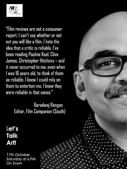 Excited to host ⁦<a href="/baradwajrangan/">Baradwaj Rangan</a>⁩ at ⁦<a href="/blttheatre/">BLT</a>⁩ as part of Let’s Talk Art!