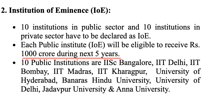 Institute of Eminence தகுதி பெற்ற கல்வி நிறுவனங்களுக்கு, 5 ஆண்டுகளுக்கு 1000 கோடி ரூபாய் நிதி வழங்குவோம் என்று ஆசை காட்டி, கல்வி நிறுவனங்களை மாநில அரசின் கட்டுப்பாட்டில் இருந்து ஒன்றிய அரசின் கட்டுப்பாட்டுக்கு மாற்றும் திட்டம் இது. https://archive.pib.gov.in/newsite/erelcontent.aspx?relid=197278